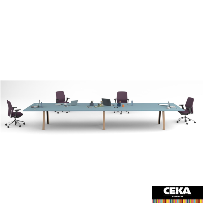 bureau bench co-working table de réunion collaboratif plateau bleu pieds bois multi utilisaterus